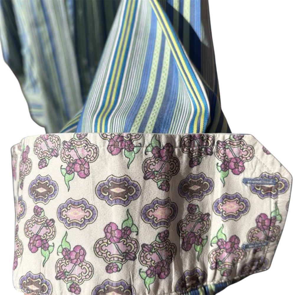 Robert Graham Blue & Green Striped Button Down Shirt Flip Cuffs w/Floral Design - Picture 3 of 12